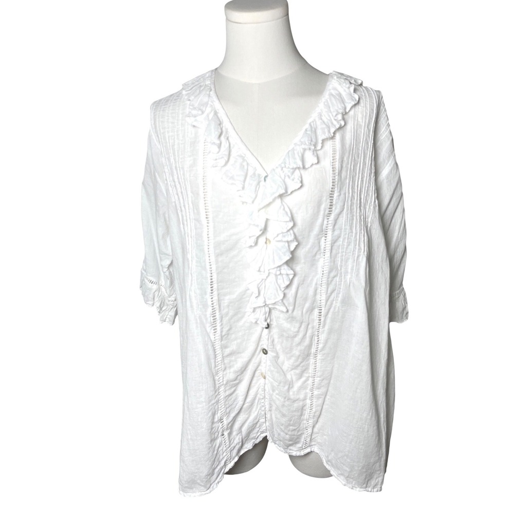 JP And Mattie White Cotton Gauze Lace Pintuck Blouse Ruffle Boho